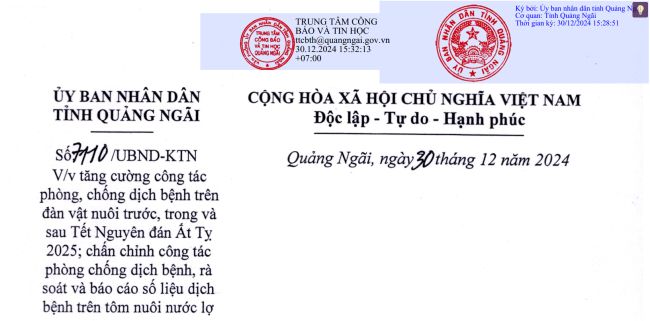 Về việc tăng cường công tác phòng, chống dịch bệnh trên đàn vật nuôi trước, trong và sau Tết Nguyên đán Ất Tỵ; chấn chỉnh công tác phòng chống dịch bệnh, rà soát và báo cáo số liệu dịch bệnh trên tôm nuôi nước lợ.
